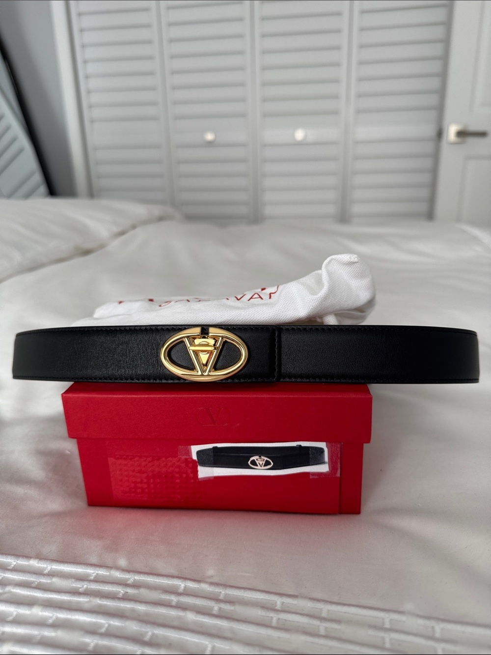 Valentino Garavani Black Leather Belt adjustable with Gold V Logo Buckle